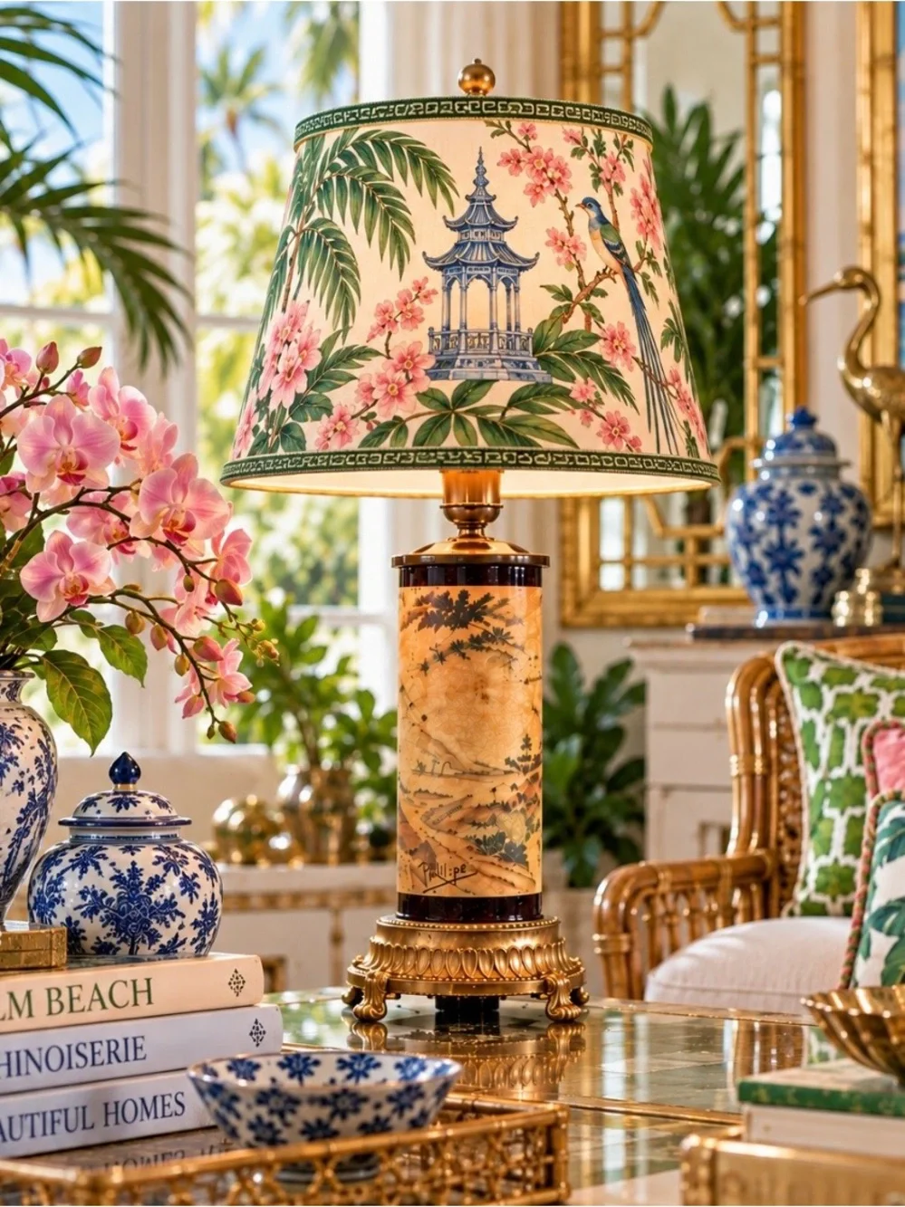 Title: Vintage Phillipe Pastoral Scene Cylinder Table Lamp Gold Tone